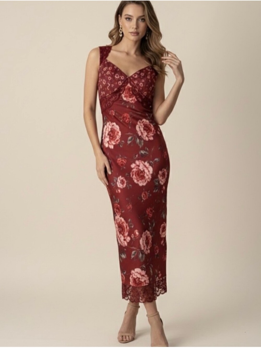 Avec Les Filles Women’s Floral Lace-Trim Slip Dress New Burgundy Size 12